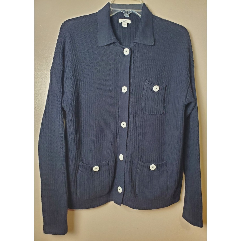 J Jill Navy Blue Ribbed Button Front Fisherman Sweater Cardigan XS Extra Small